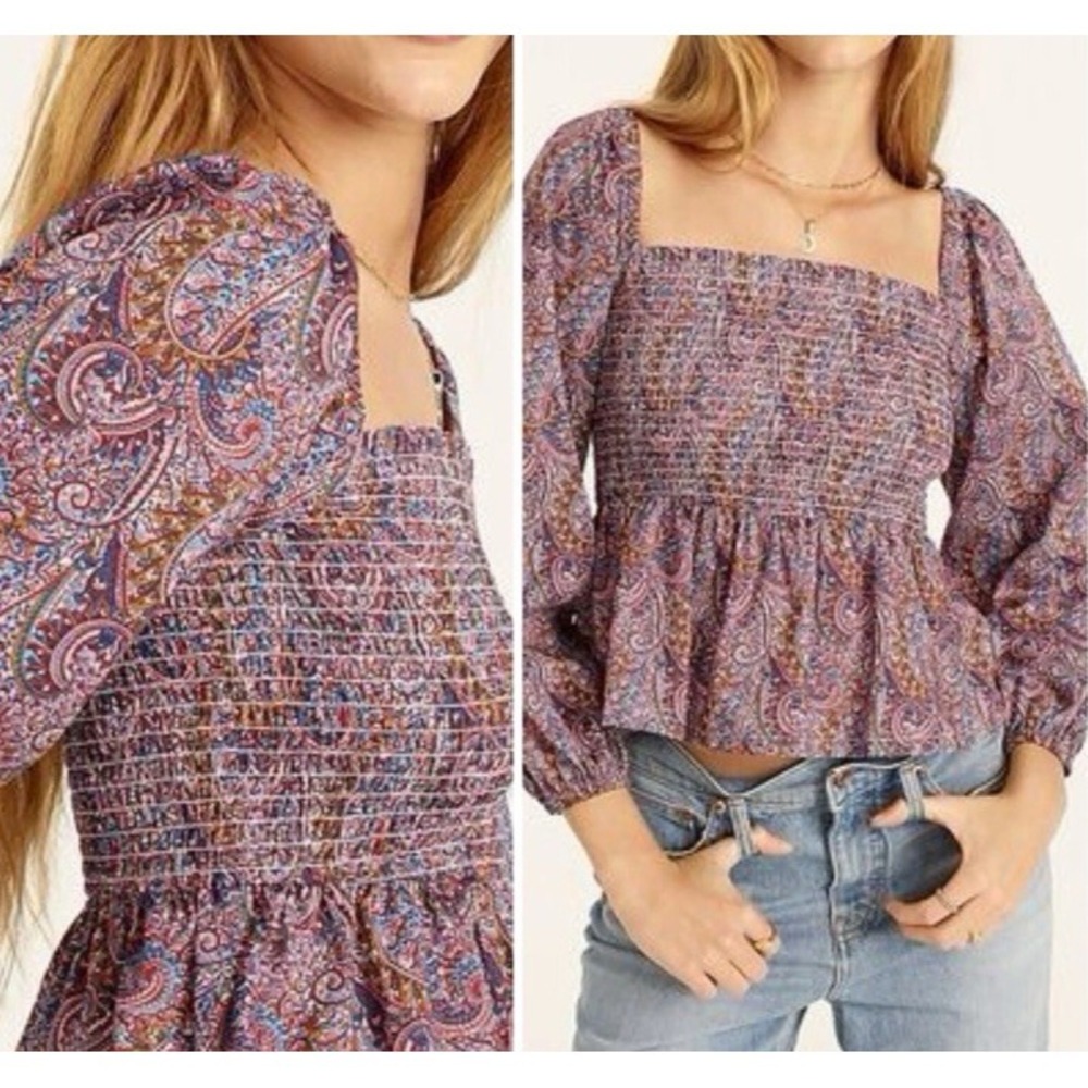 J Crew Womens Puff Sleeve Smocked Top Liberty Print Paisley XS Boho Festival